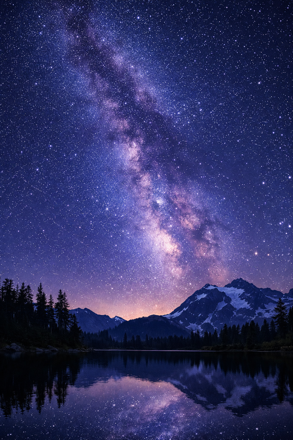 Night sky Milky Way stars mountain lake reflection deep blue spiritual background for text